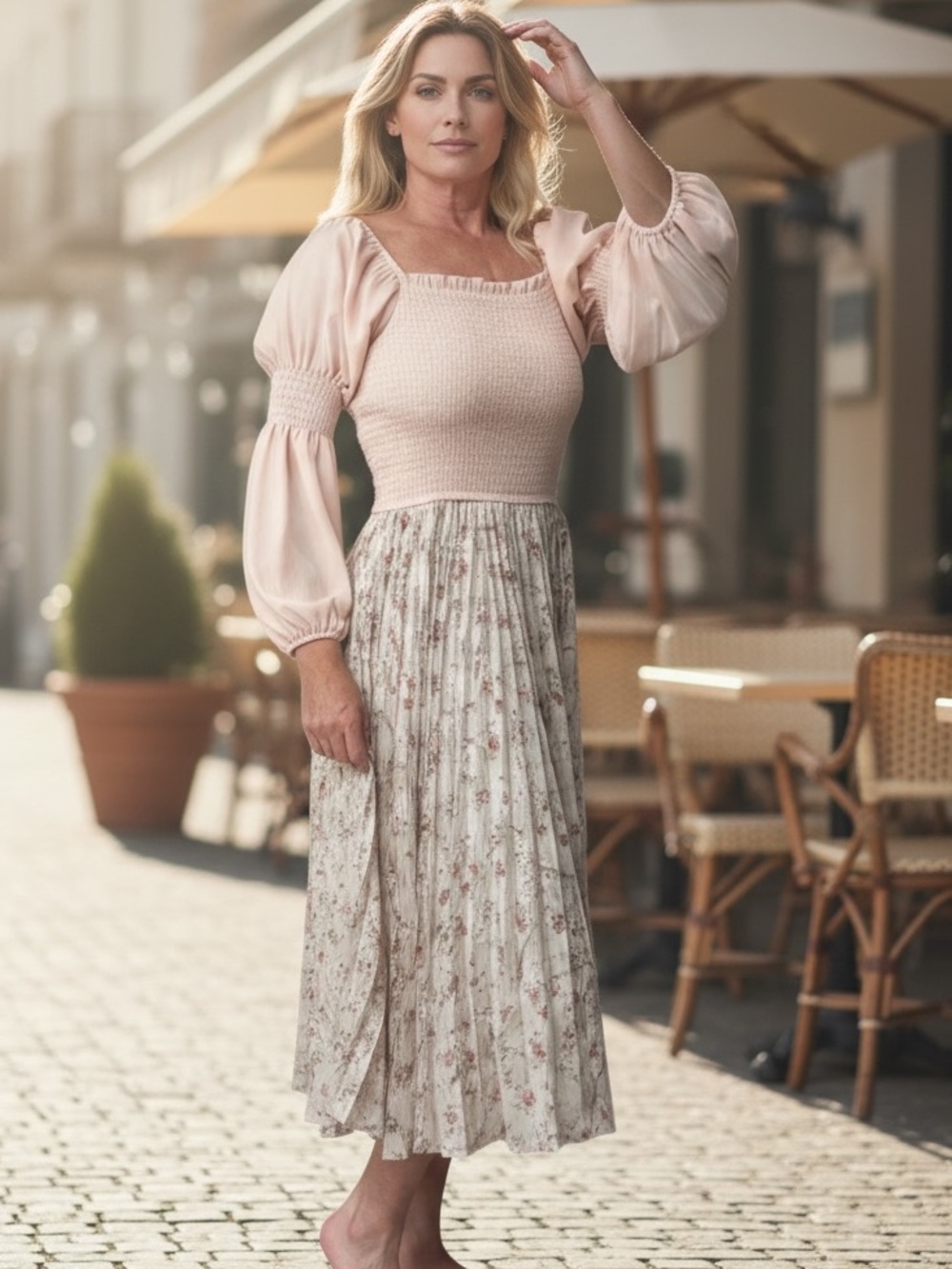 Ivy City Co Floral Smocked Midi Dress | Size Medium | Cottagecore Puff Sleeve